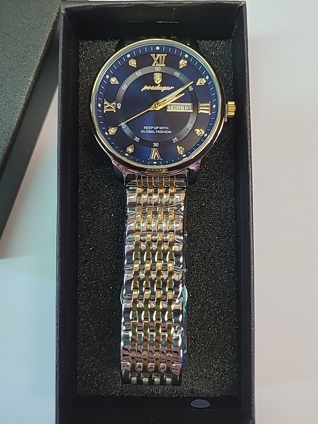 Poedagar Men’s Luxury Silver And Gold Watch With Blue Dial 9 1/2 Inch Band