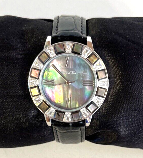 Honora Ladies Watch Mother of Pearl White Topaz Croc Embossed Leather Band NEW