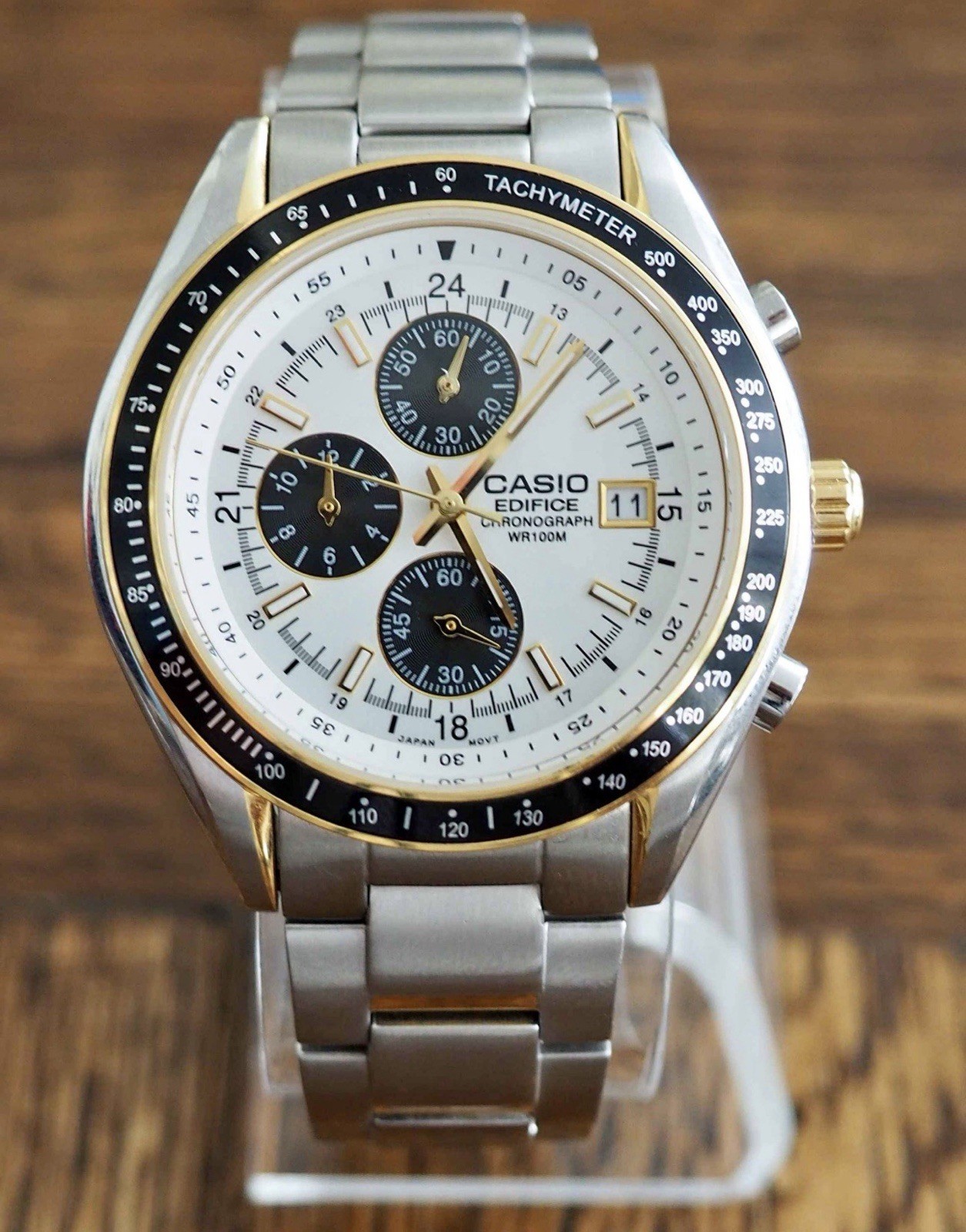 Casio Edifice Quartz Chronograph Tachymeter 100m Two-Tone SS Watch White Dial