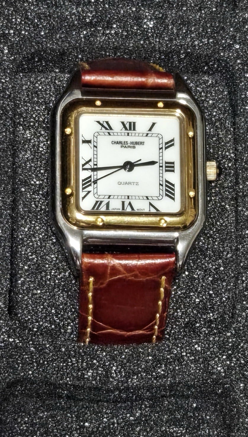 Charles-Hubert Paris Quartz Square Dress Watch Roman Dial Brown Leather Strap