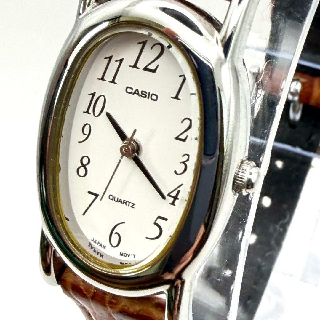 Casio Oval Watch, Battery Replaced, Gold, Genuine Leather Strap, Brown, Working