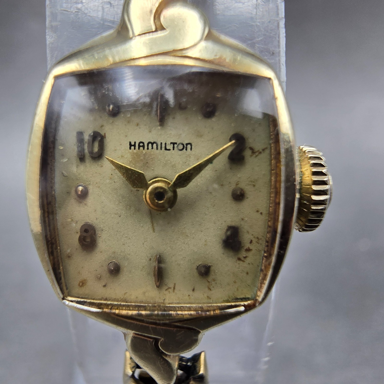 Hamilton Watch Women 14mm Cream Dial 14k Gold Rectangle Manual Wind Runs VTG