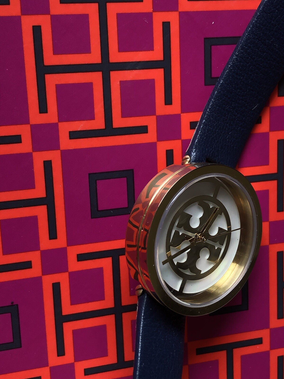 Tory Burch Reva Gold/Navy Double Wrap Leather Strap Watch TBW4032 Retail $225