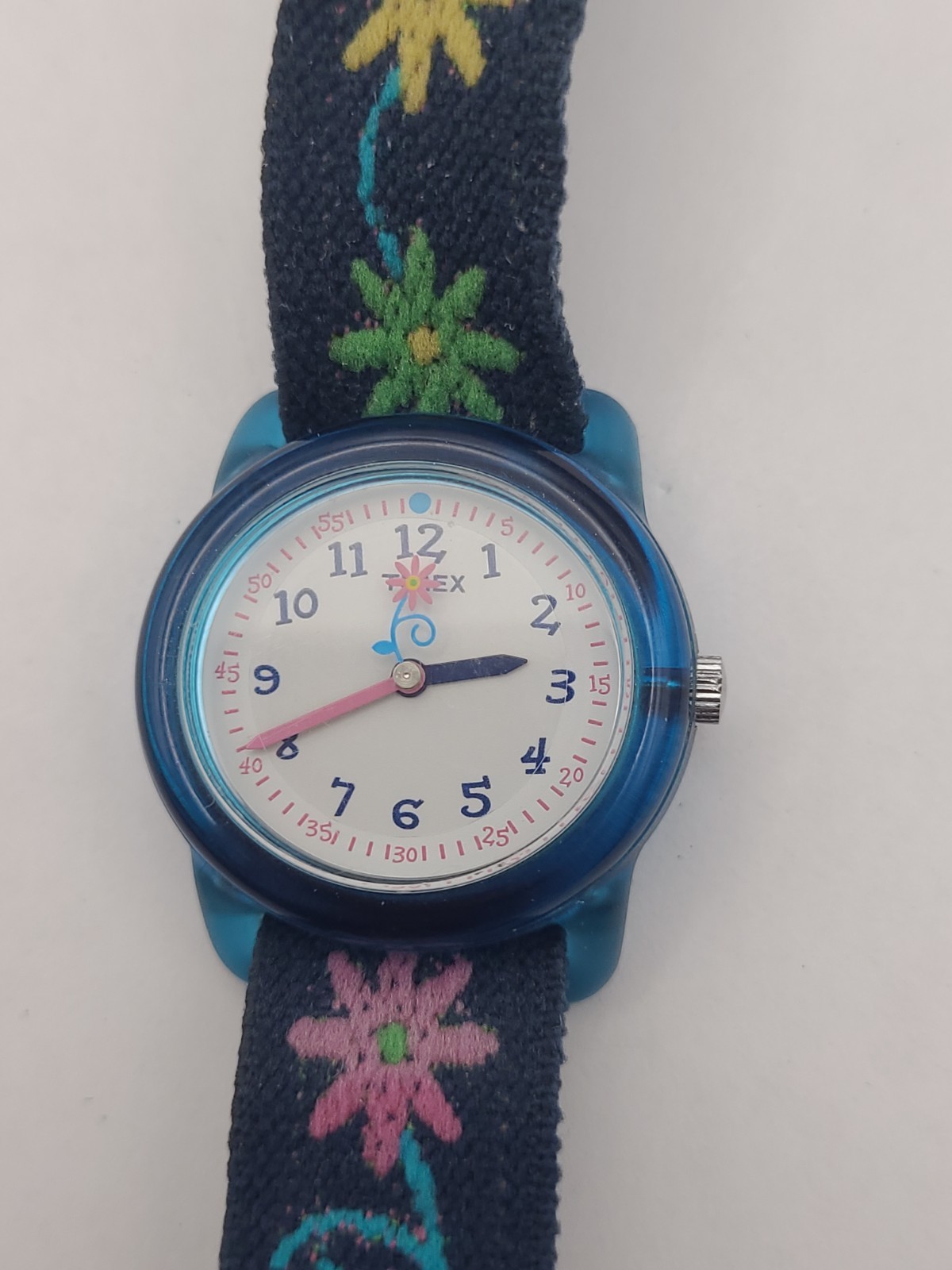 TIMEX KIDS GIRLS Blue WATCH Flowers ELASTIC FABRIC STRAP Working