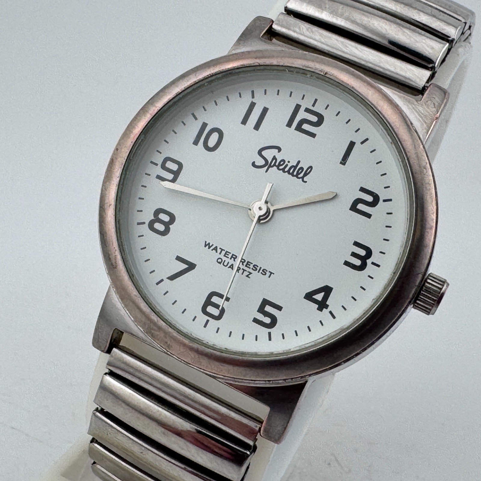VTG Speidel Quartz Watch Men Silver White Easy Read Stretch Analog New Battery