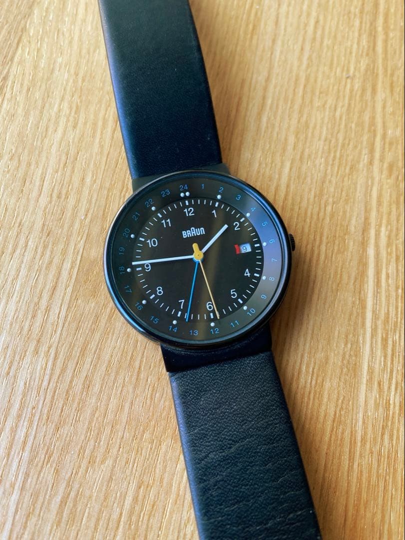 Braun GMT Analog Watch Black Leather Band Quartz Needs Battery Replacement