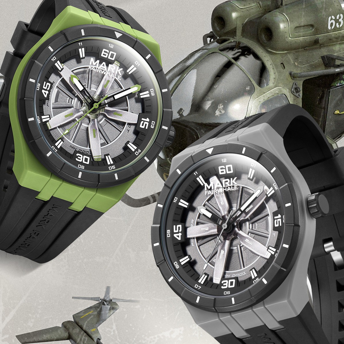 MARK FAIRWHALE Men’s Silicone Rotatable Helicopter Propeller Dial Quartz Watch
