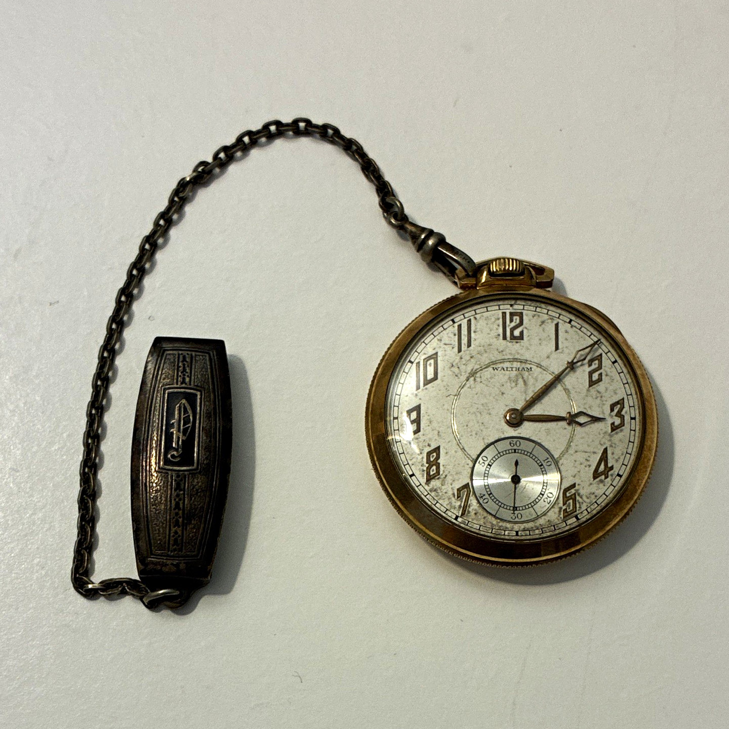 Waltham 7 Jewels Gold Filled Open Face Pocket Watch White Dial w/ Chain