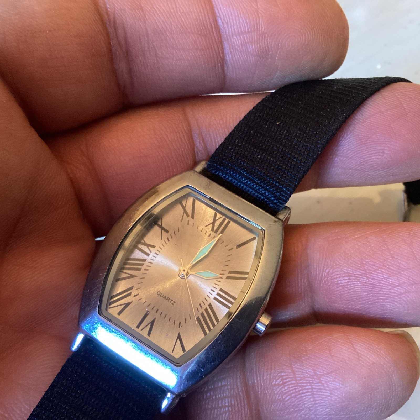 Men’s Vintage Square Quartz Watch ledge band, new battery, Silver Case