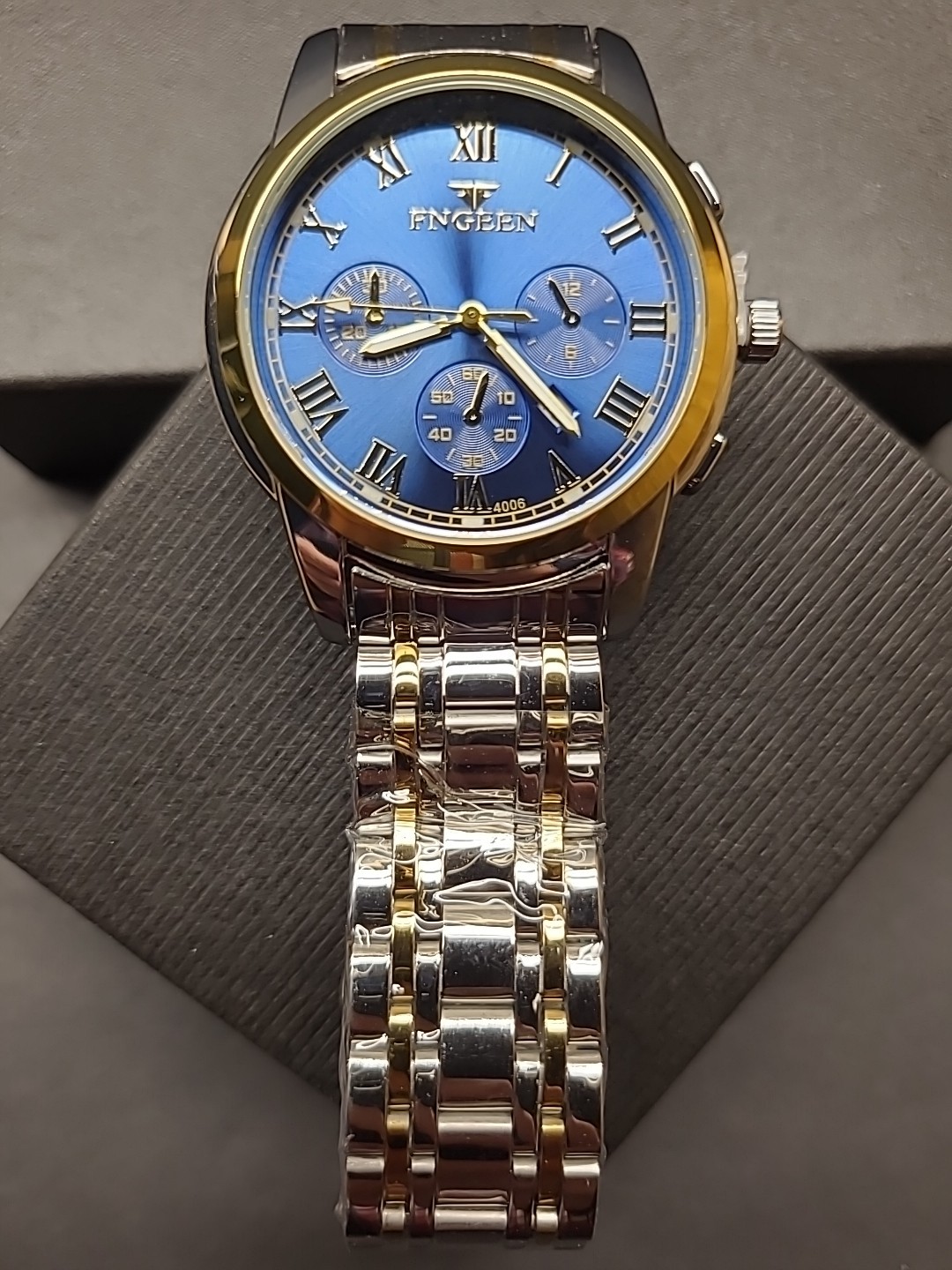 Men’s FNGEEN Silver And Gold Watch With Blue Dial With 9 1/4 Inch Band