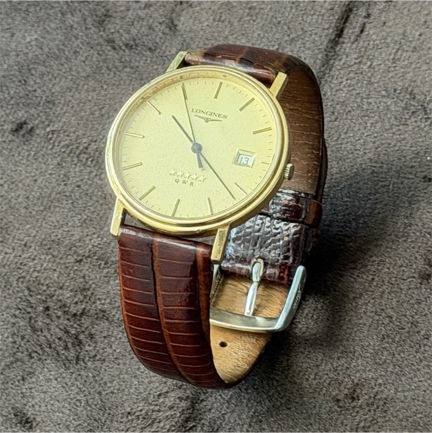Longines Flagship Men’s Quartz Gold Plated Watch Gold Dial Date Brown Leather