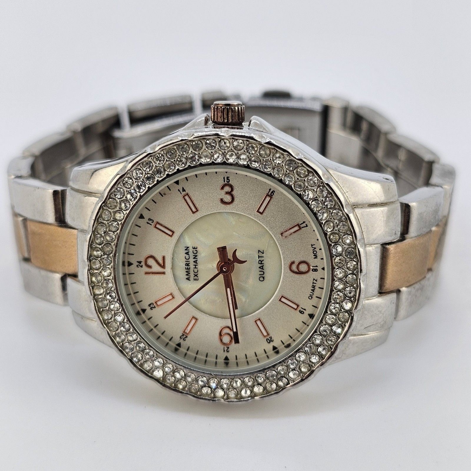 American Exchange Women’s Watch 34MM White Dial Two Tone Bands 6″ New Battery