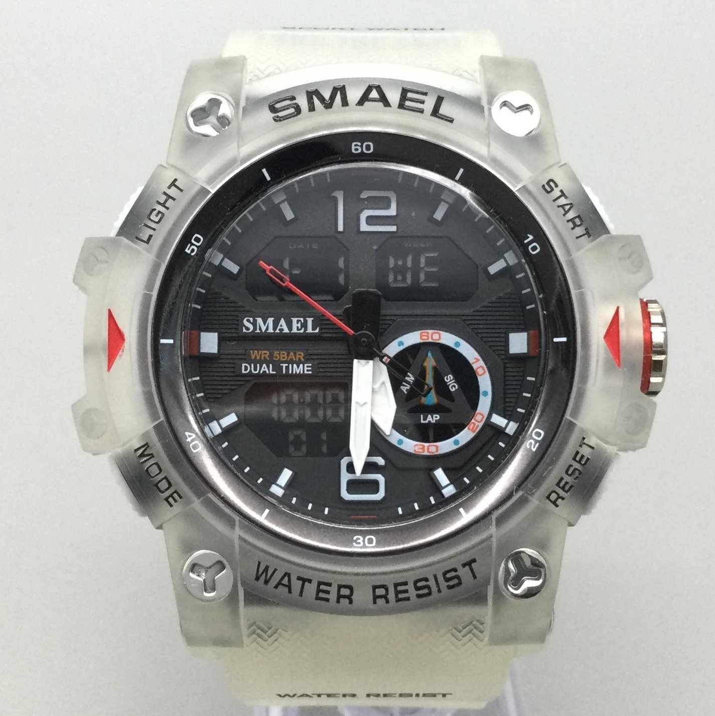 SMAEL Mens Watch 53mm Black Dial Clear Resin Dual Time 8007 New Battery