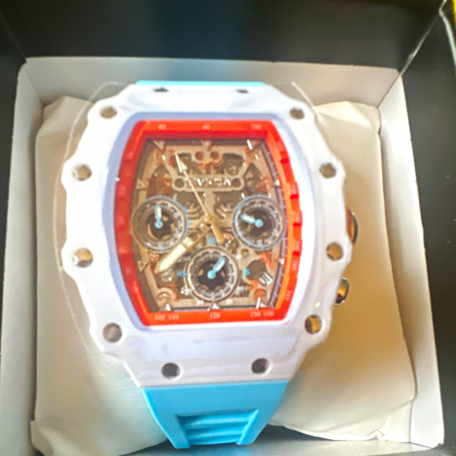 Invicta Bolt Zeus Chronograph Quartz Watch White Case Blue Silicone Strap Box