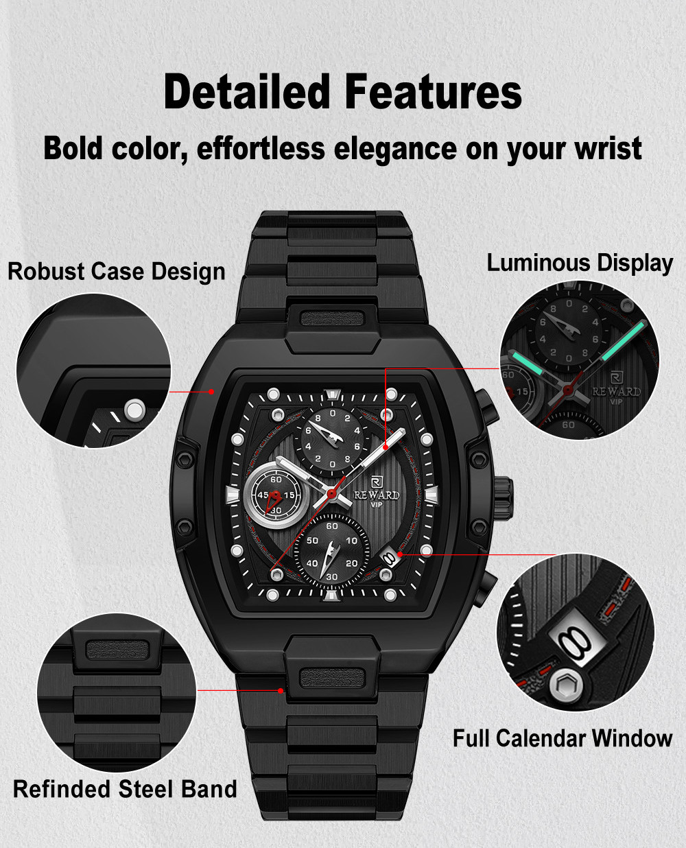 REWARD Men’s Tonneau Multifunction Chronograph Calendar Luminous Quartz Watch