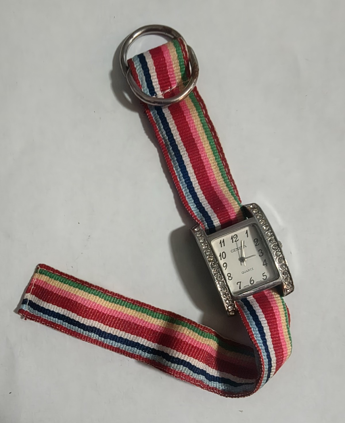 Geneva Quartz Women’s Rectangle Analog Watch Silver Case Multicolor Fabric Strap