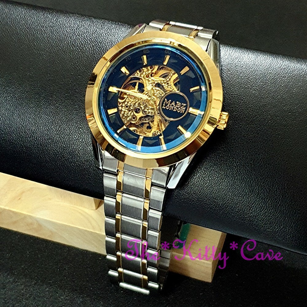 Automatic Mechanical Sapphire Blue Beveled Mineral Steampunk Skeleton Watch
