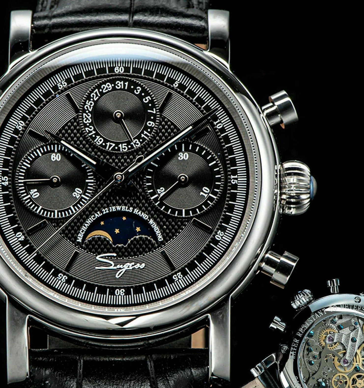 Seagull Sugess ST1908 Chronograph Watch Black Moon-phase Venus 175 1963 ST19