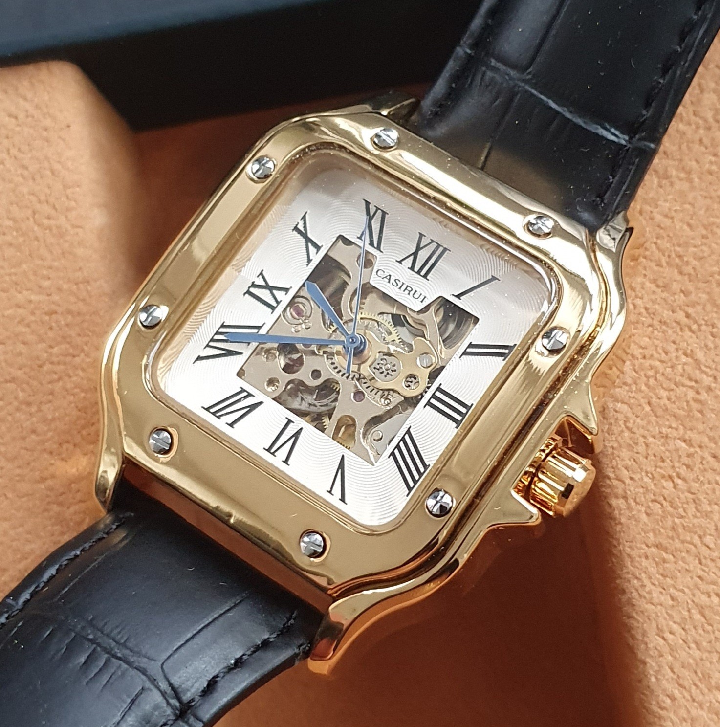 Men Automatic Watch Square Classic Tank Skeleton Gold Leather Mechanical Watch