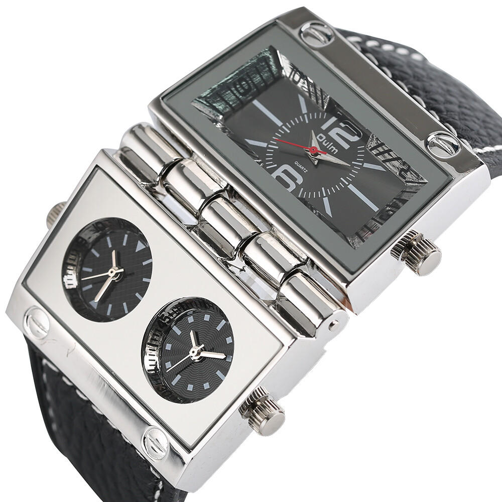 OULM Men’s Dual Display Watches Fold Oversize Dial Leather Watch Steampunk Gifts
