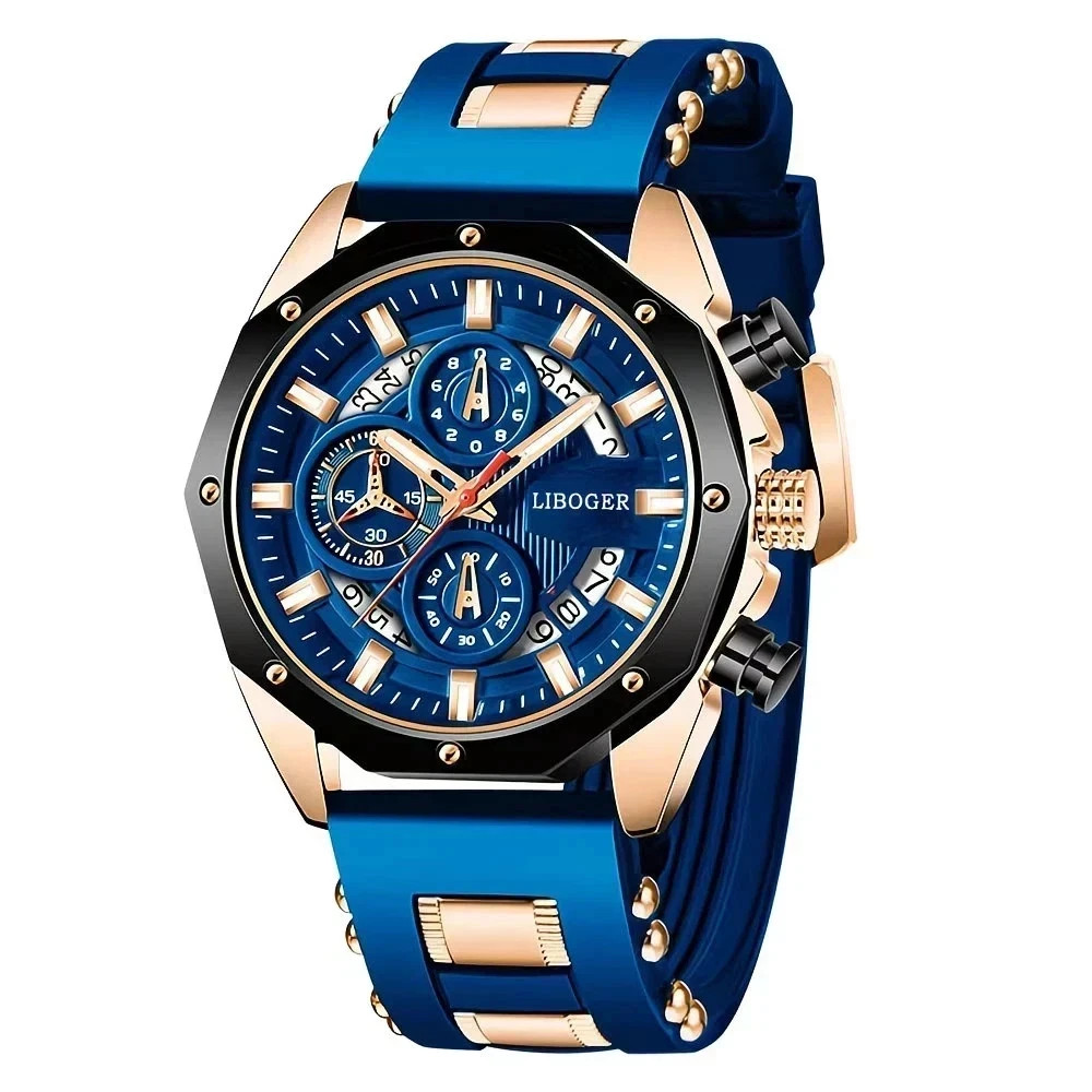 Men’s Luxury Analog Quartz Watch Chronograph & Date Display Blue Rose Gold NEW