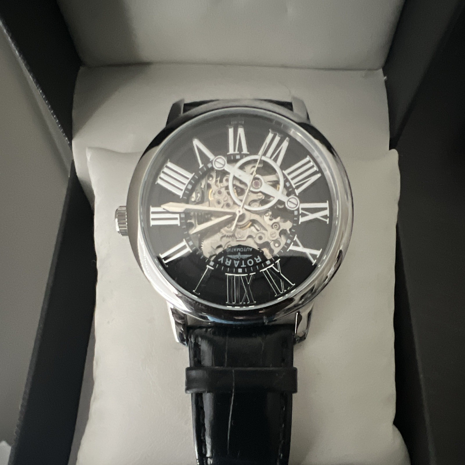 Rotary Men’s Skeleton Dial Automatic Watch Black Leather Strap w/ Box