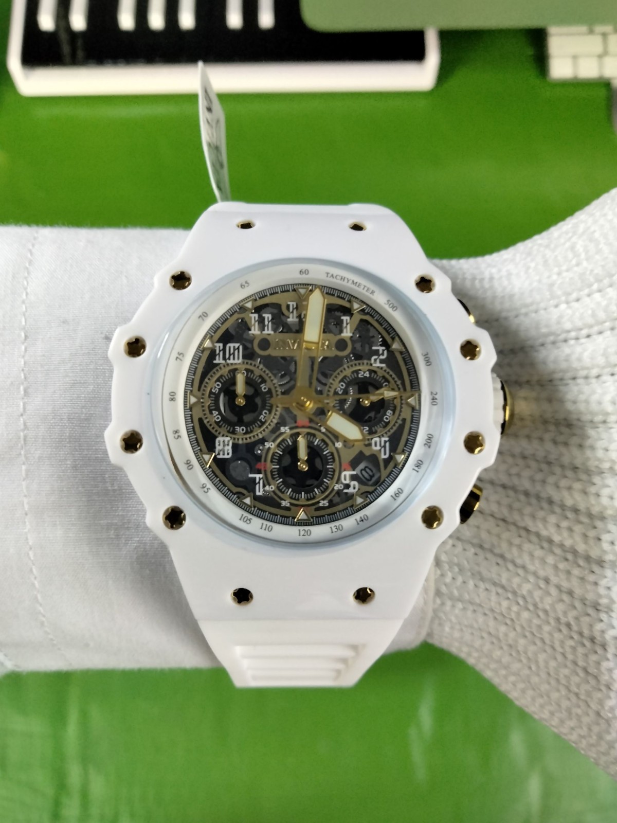 Invicta Racing 69649 Men White Skeleton Gold Dial Silicone Quartz Watch 43.5 mm