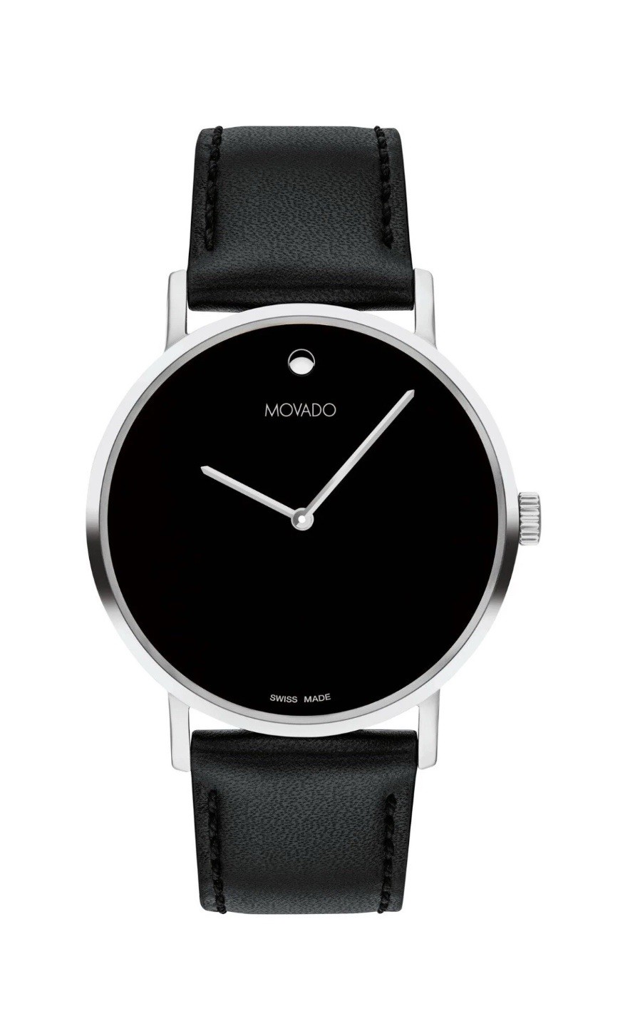 Brand New Movado Signature Men’s Silver Dial Black Leather Strap Watch 0607589