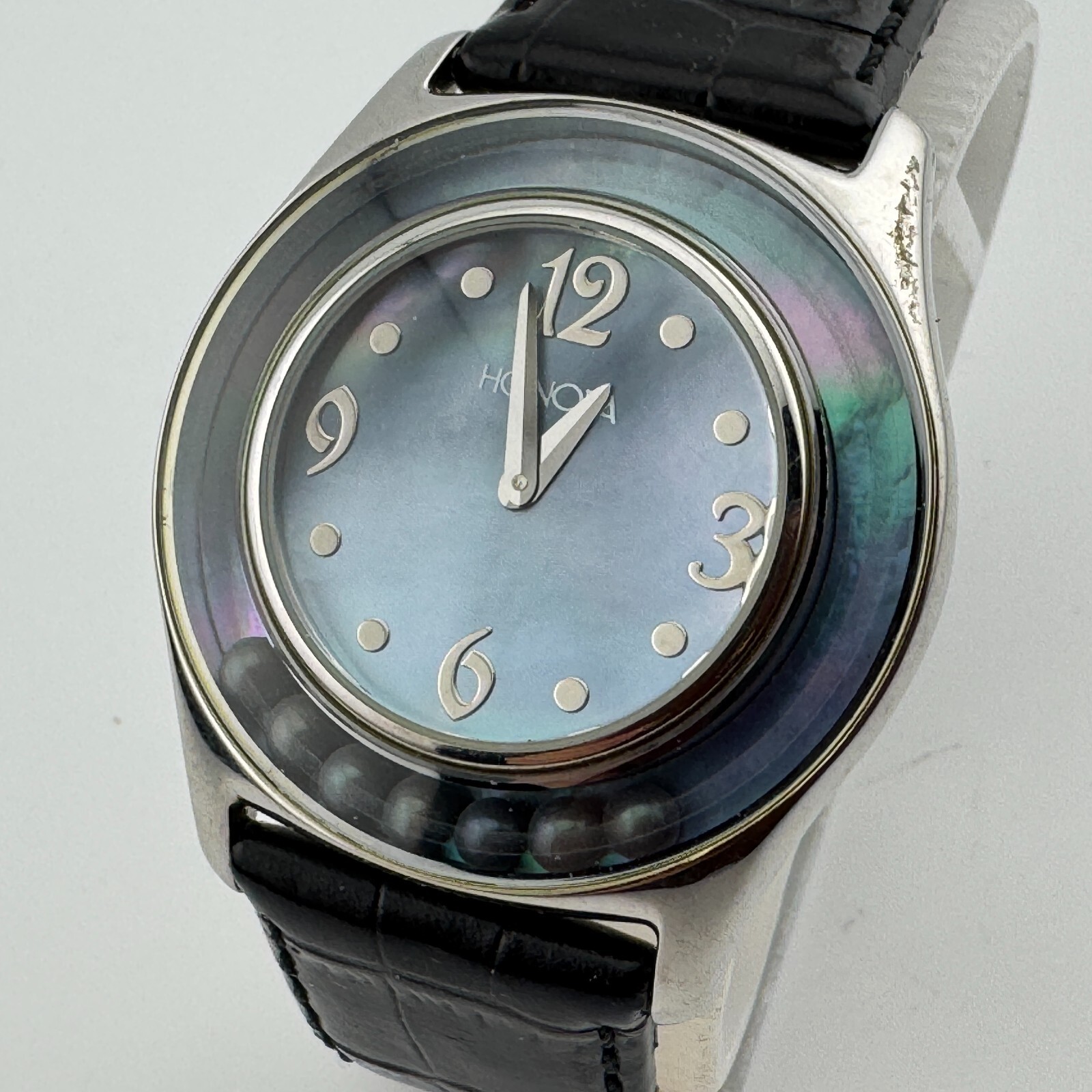 VTG Honora Quartz Watch Unisex Silver Blue Back Set Leather Analog New Battery