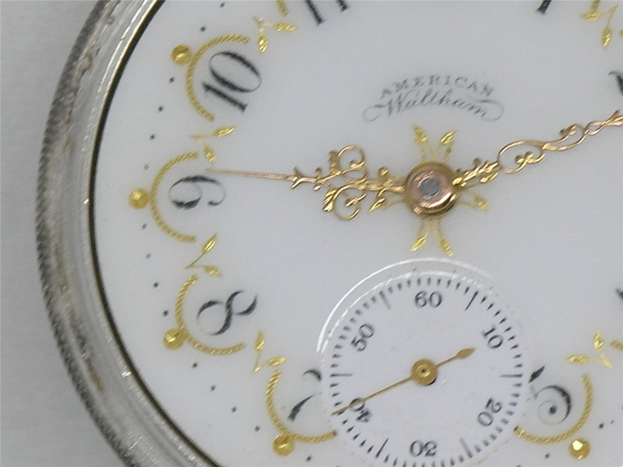 ANTIQUE 16S WALTHAM 1888 GOLD FOIL FANCY DIAL SILVER CASED POCKETWATCH, SERVICED