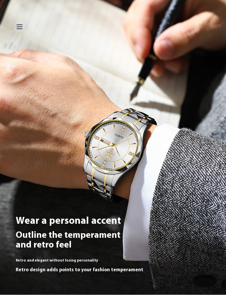 Stainless Steel Business Double Calendar Waterproof Men’s Watch