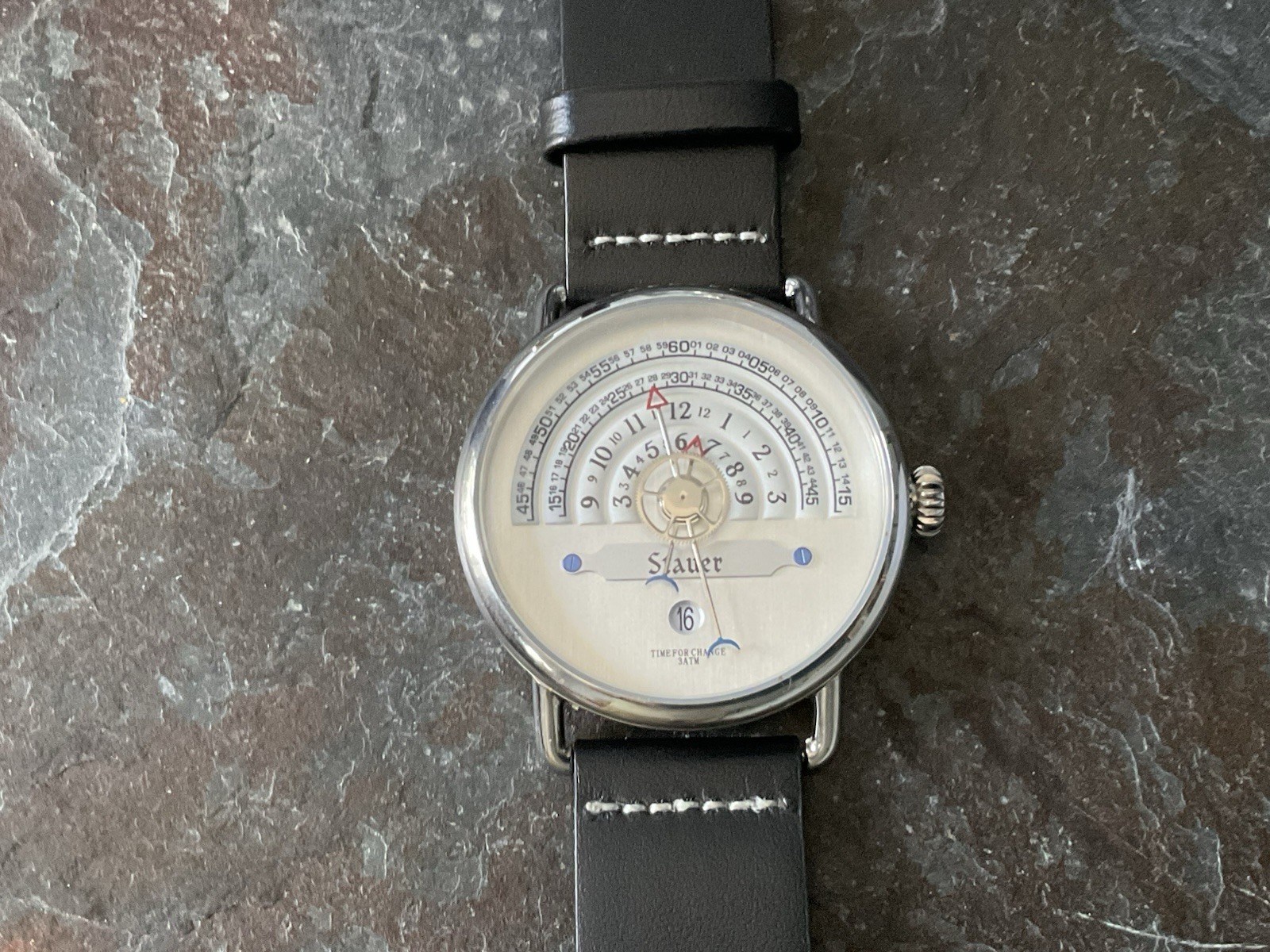 44MM STAUER MYSTERY DIAL WATCH UNIQUE FUTURISTIC SPACE AGE CRAZY HOUR NWOT
