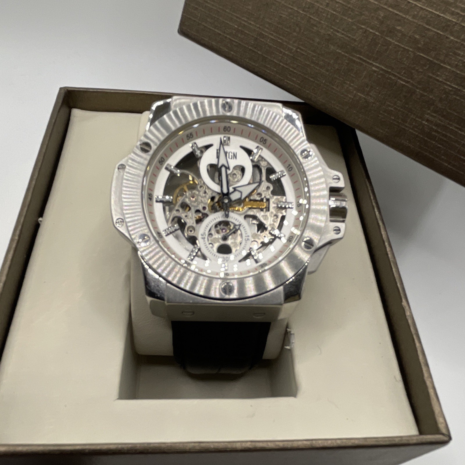 Reign Men’s Automatic Skeleton Dial Silver Tone Black leather Strap