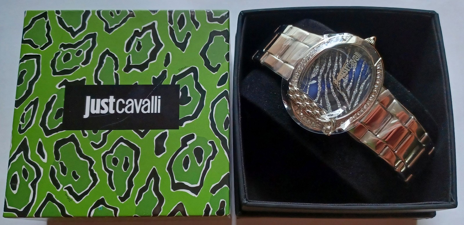 Just Cavalli JC1L111M0075 Women’s Watch Blue Zebra Dial Crystal Bezel Tag AS IS