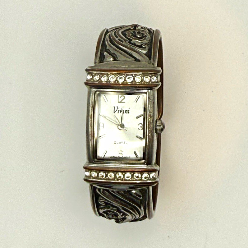 Vivani Women’s Quartz Rectangle Silver Bangle Watch Textured Dial Arabic/Stick