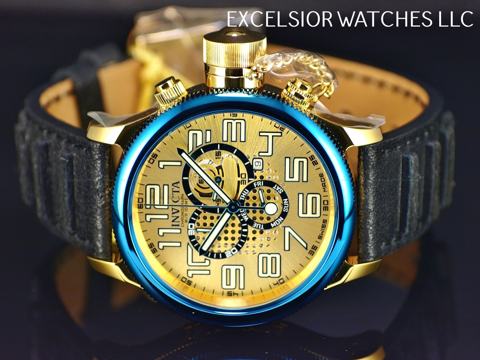 New Invicta Mens Russian Diver Swiss Made ISA Chronograph Gold Blue SS Watch