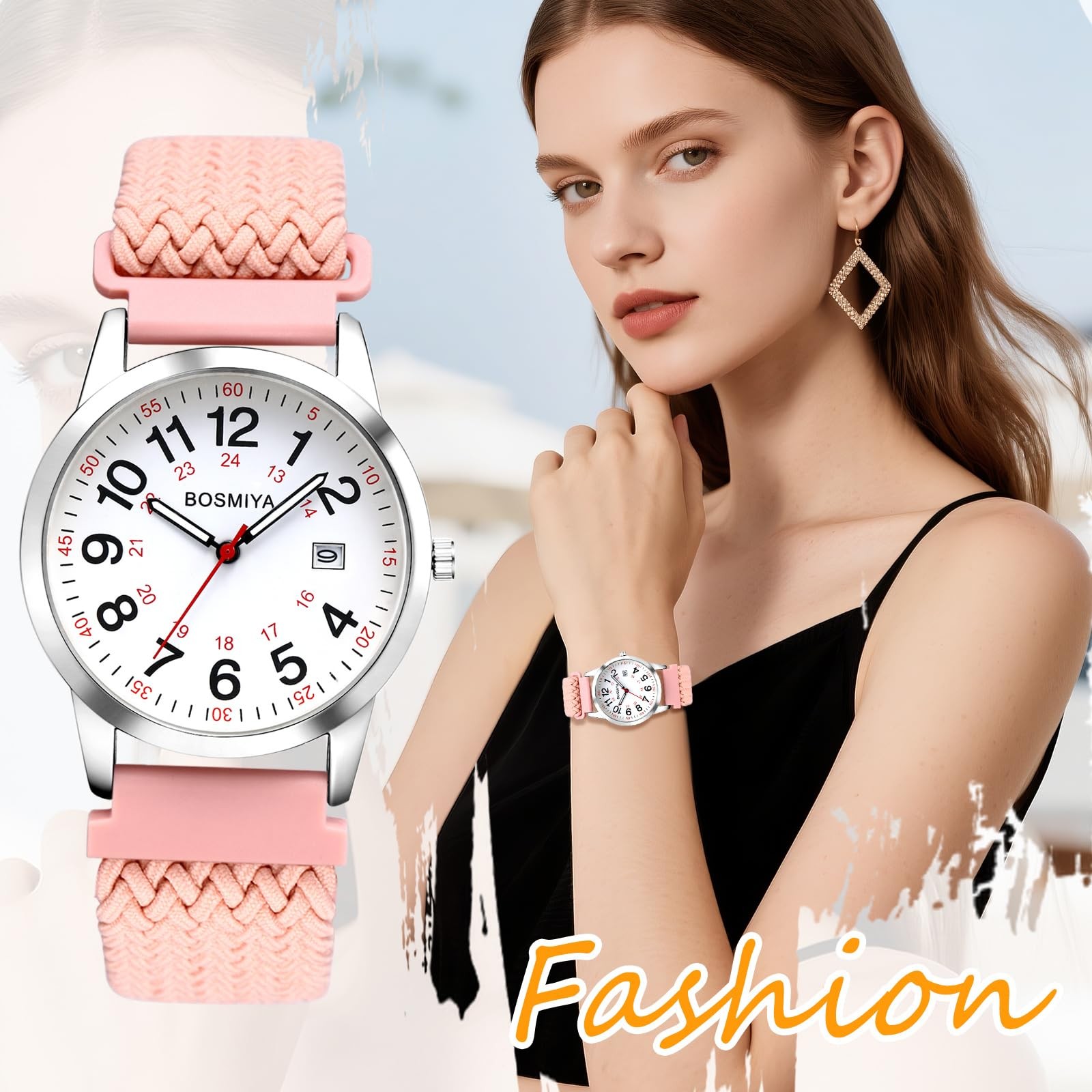 Lancardo Braided Elastic Strap Watch Analog Quartz Adjustable Pink Band Arabi…