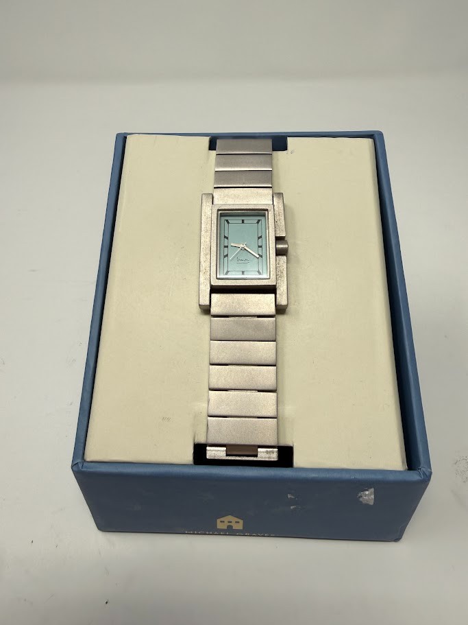 Michael Graves Watch Women 24mm Silver Tone Tank Blue Dial in Box 7.75″