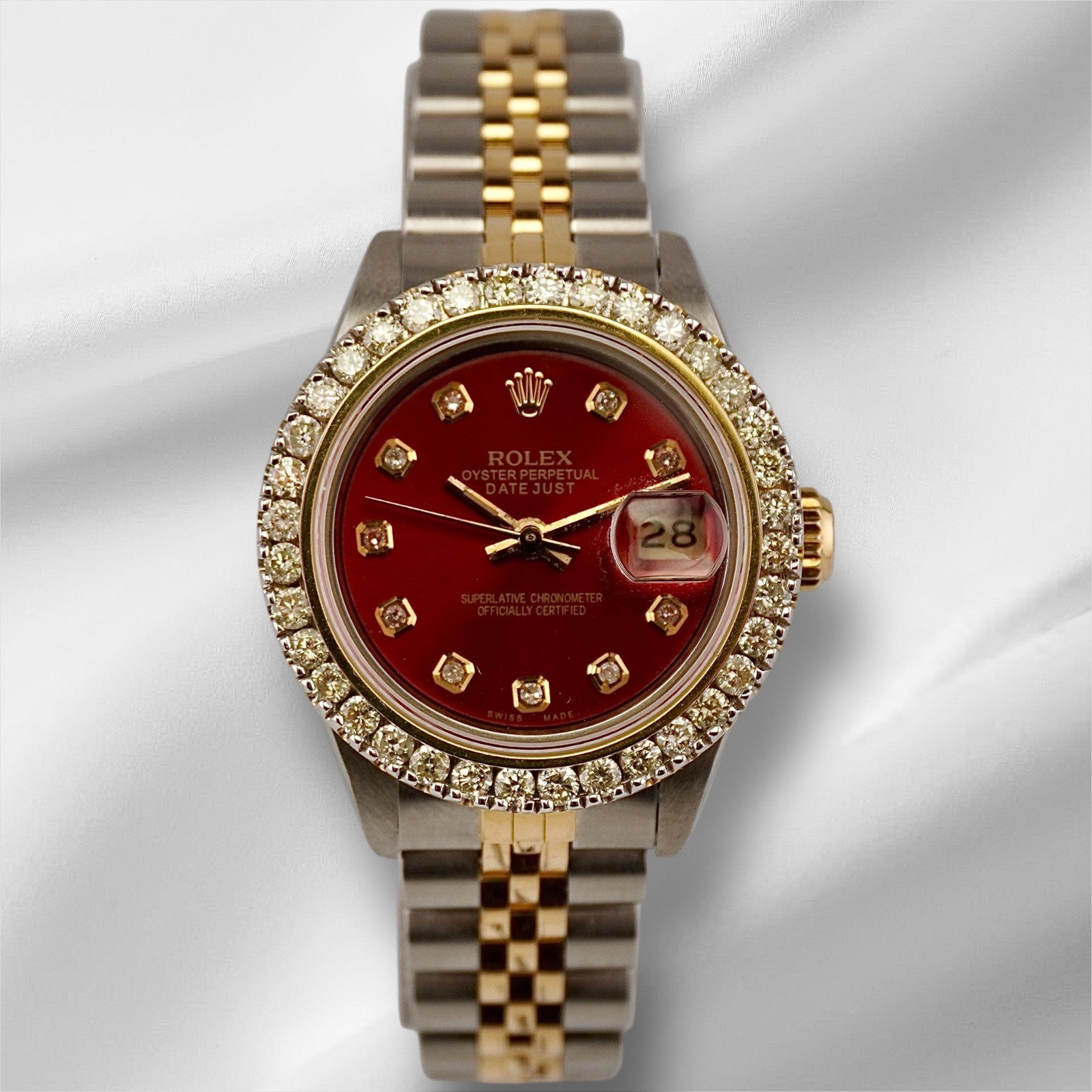 Rolex Ladies Datejust 26mm 18k Yellow Gold/Steel 2ct Diamonds Red Dial