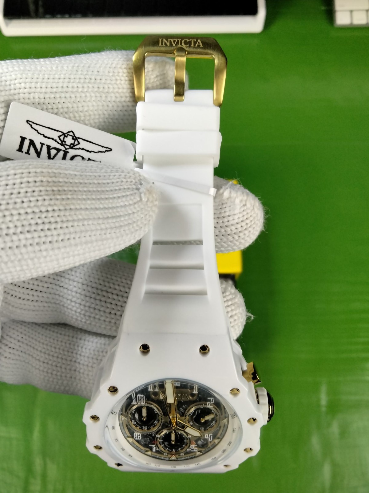 Invicta Racing 69649 Men White Skeleton Gold Dial Silicone Quartz Watch 43.5 mm