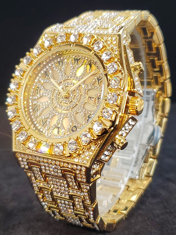 Arabic Luxury Hip Hop Custom Bling Ice out Men Watch Gold Iced Simulated Diamond