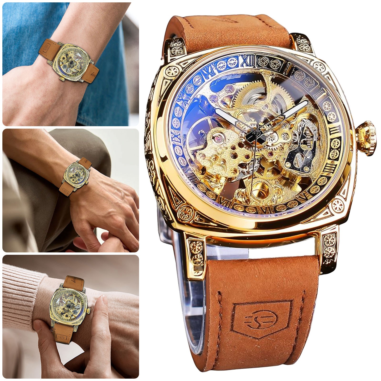 Men’s Vintage Skeleton Mechanical Watch Self-Wind Leather Strap W/ Luminous Hand