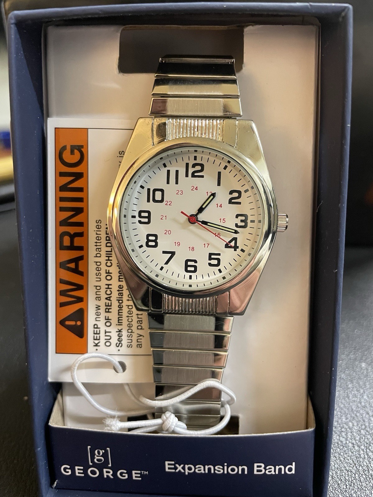 George Men’s Quartz Analog Watch Silver Tone White Arabic Dial Expansion Boxed