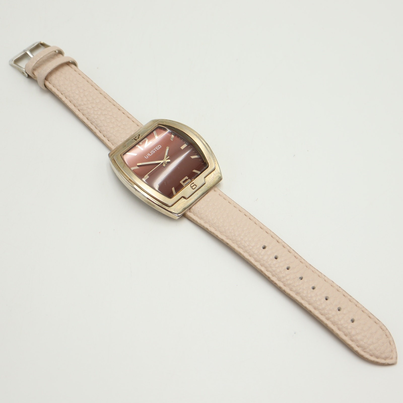 Unlisted Kenneth Cole Brown 42mm Barrel Watch Beige Faux Leather w New Battery