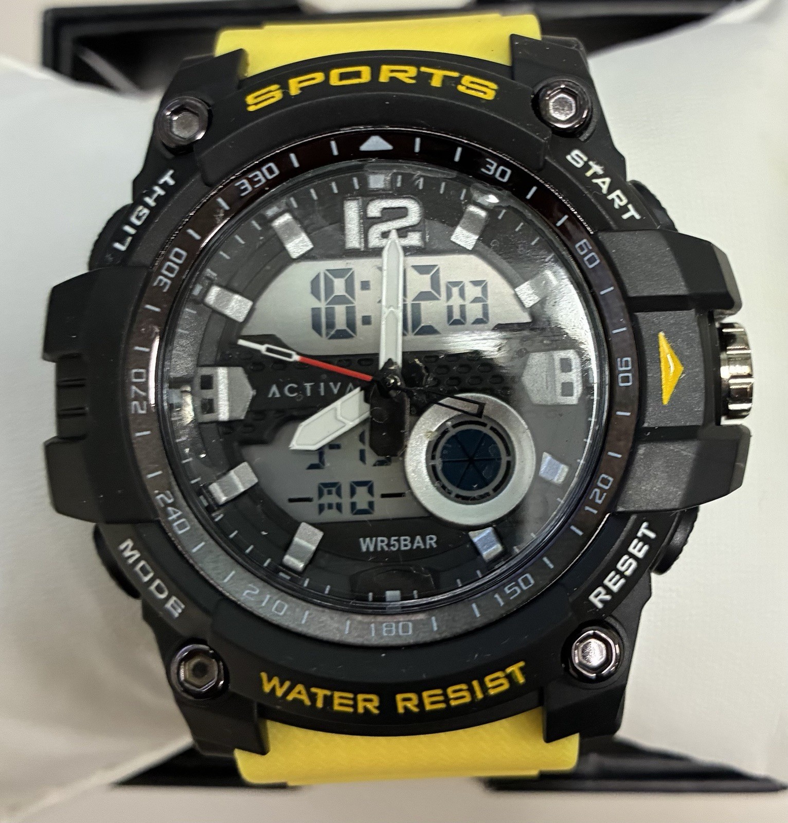 Activa Sport Quartz Analog/Digital LCD Watch Black Case Yellow Rubber Strap 50m