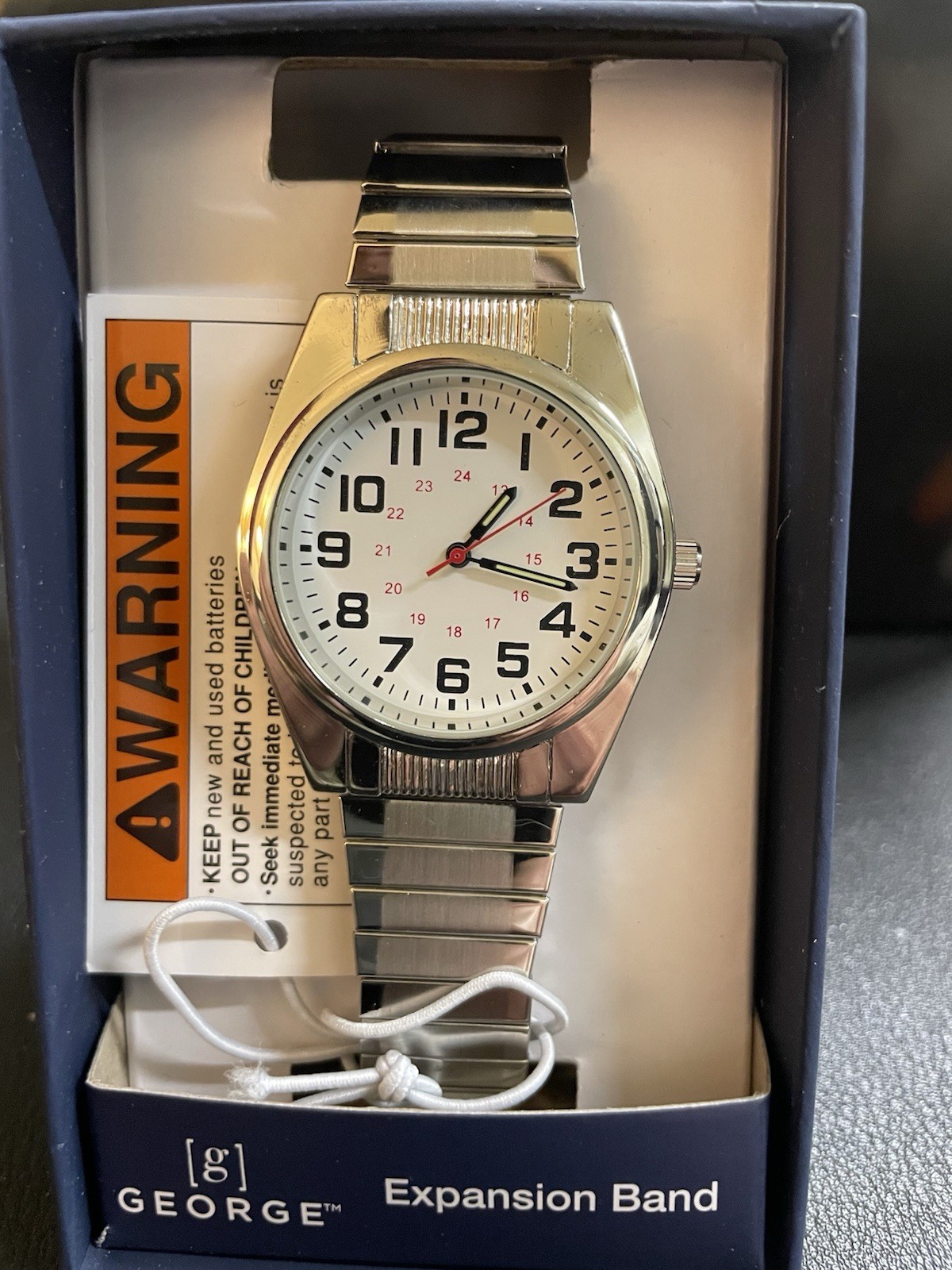 George Men’s Quartz Analog Watch Silver Tone White Arabic Dial Expansion Boxed