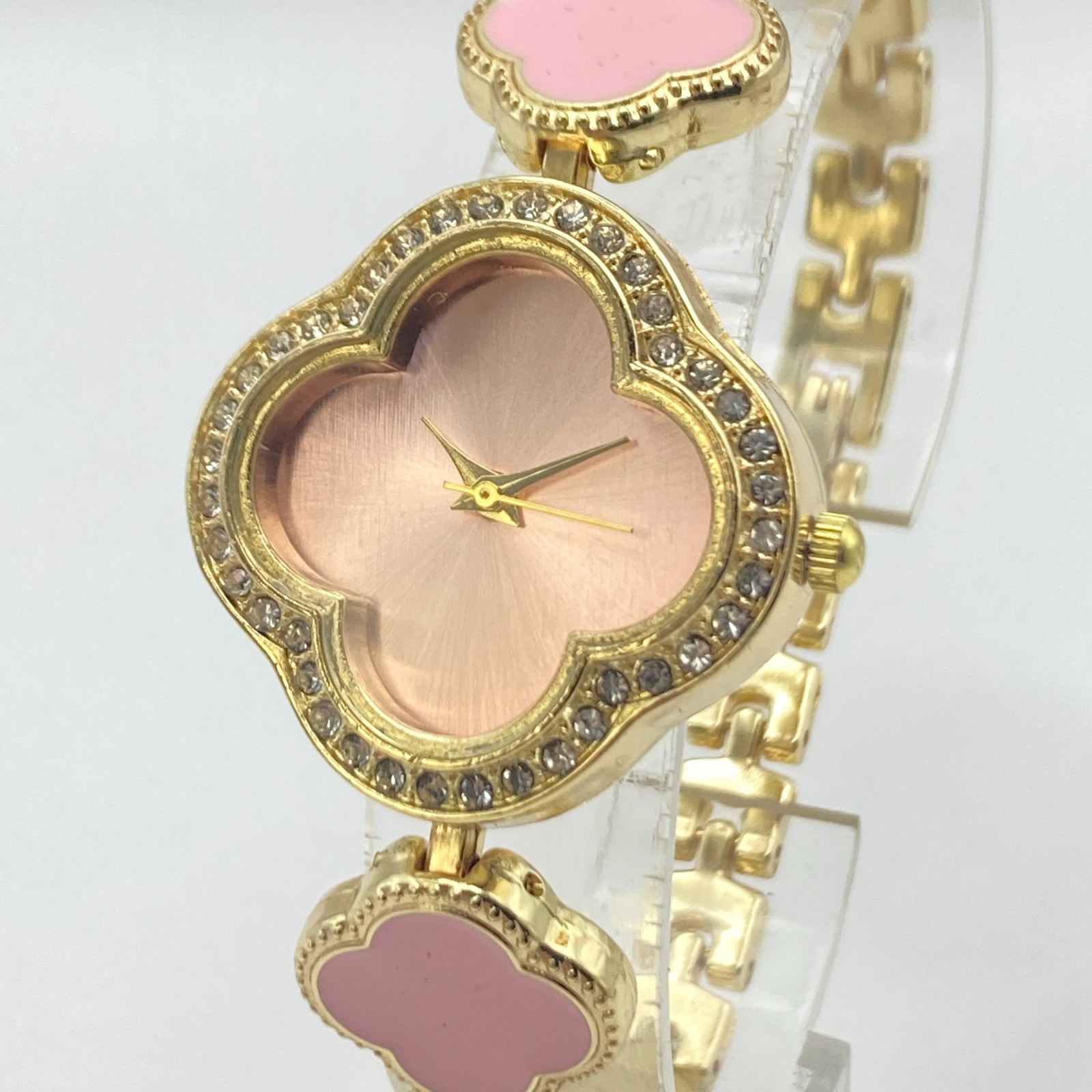 Modern Women’s Watch Gold Tone Crystals Pink Quatrefoil Bling New Battery 7.5″