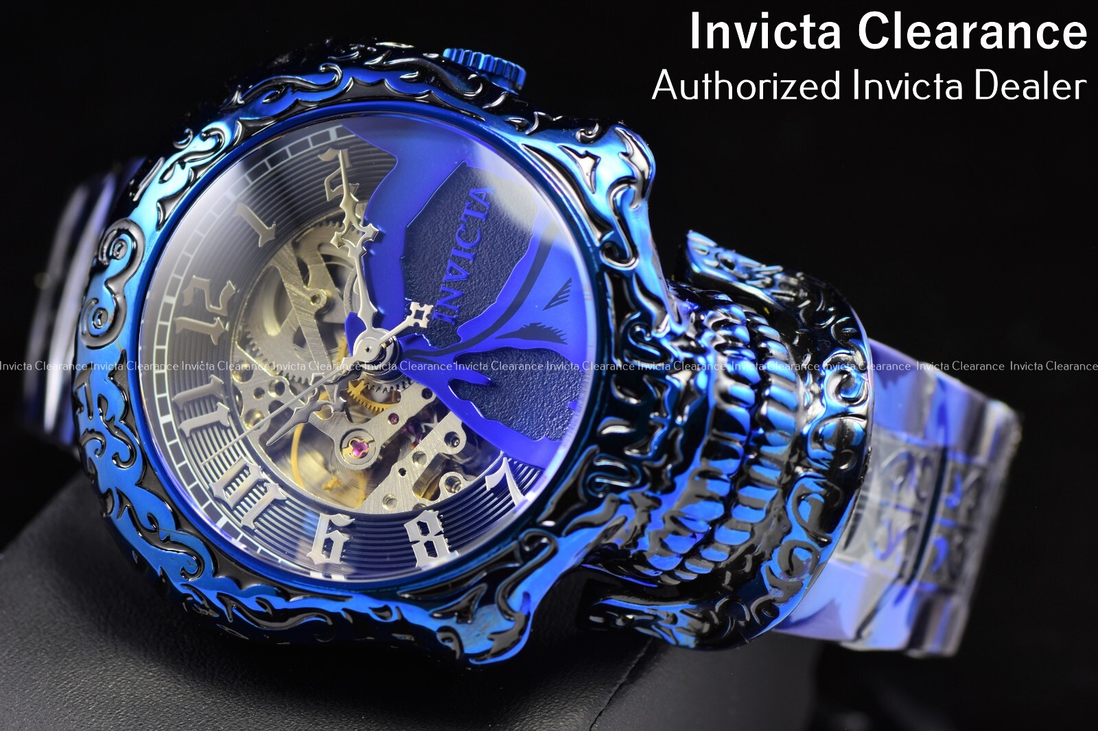 RARE Invicta Men’s 51mm Artist Skull Automatic Blue Dial Movable Jaw Steel Watch