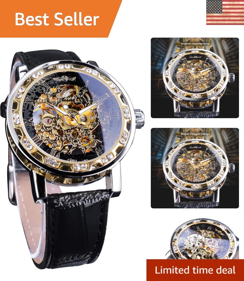 Classic Retro Mechanical Watch with Floral Engraving & Diamond Accents for Men