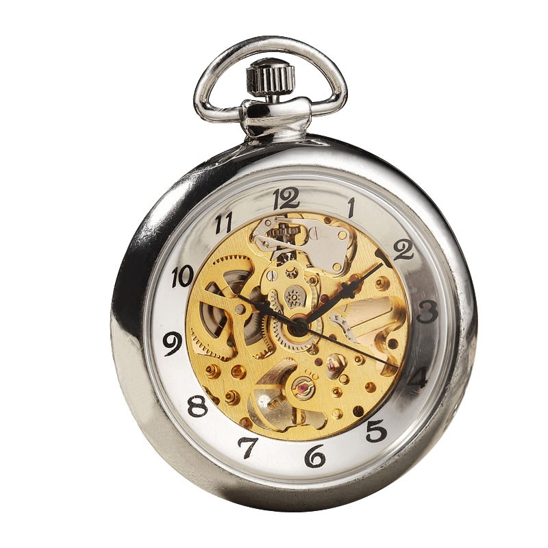 Transparent Cover Hand-winding Mechanical Skeleton Steel Pocket Watch with Chain
